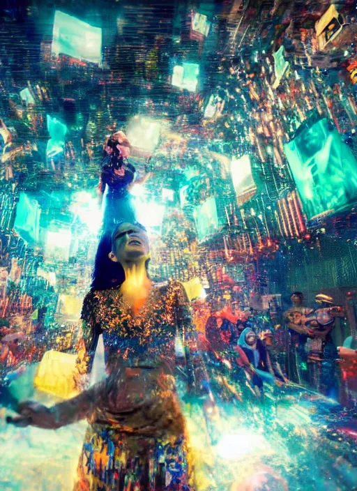 Image similar to cinematic shot cyberspace of creativity, very large floating translucent videos, hyper realistic, mood lighting, fantasy, detailed happy people creating diverse art hands in the air, big video statues, highly detailed, super realistic, perfect lighting pixel sorting, style sheet