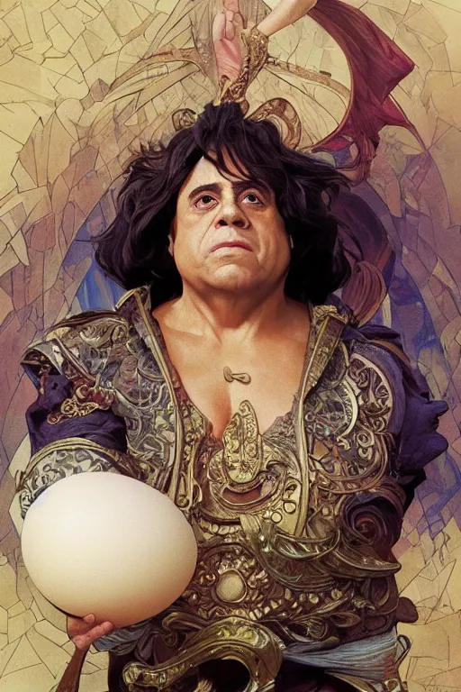 Prompt: danny devito the conqueror and offerer of eggs, fantasy, intricate, elegant, highly detailed, digital painting, artstation, concept art, sharp focus, illustration, art by artgerm and greg rutkowski and alphonse mucha