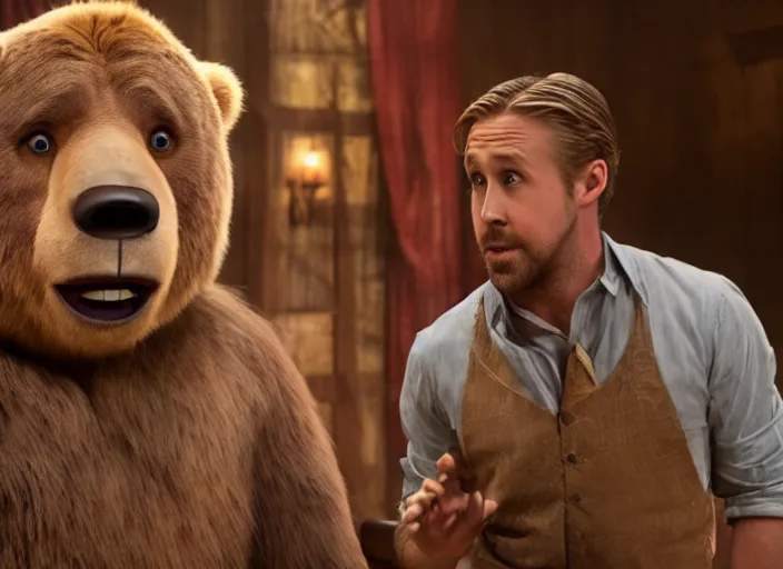 Prompt: film still of Ryan Gosling in the new Country Bear Jamboree movie, 8k