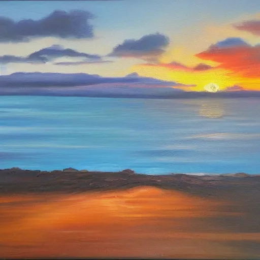 Image similar to sunset over a wooden cabin on the coast, sea, oil painting