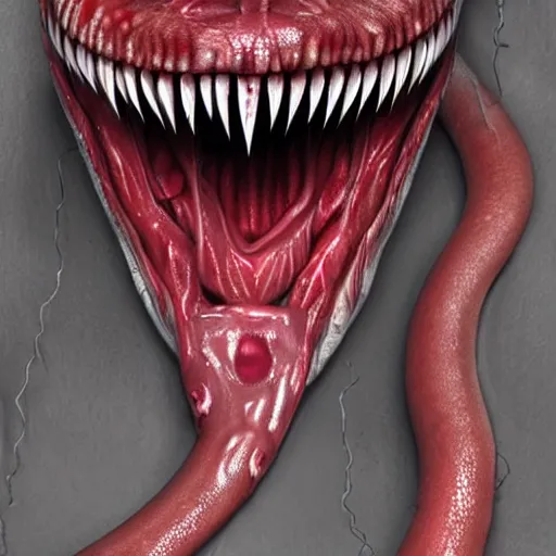 Image similar to realistic, humanoid venom alien, long slimy textured tongue, dripping saliva, mouth with a mouth with a mouth, alien eyes, fangs, thin red glowing veins, grey snake scale skin, cinematic, in a sewer, flashlight lighting, insanely detailed