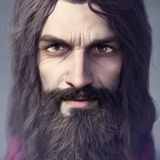 Image similar to a highly detailed portrait of a man without a beard, purple eyes, light gray long hair, wearing a black cloak, artstation, DeviantArt, professional, octane render