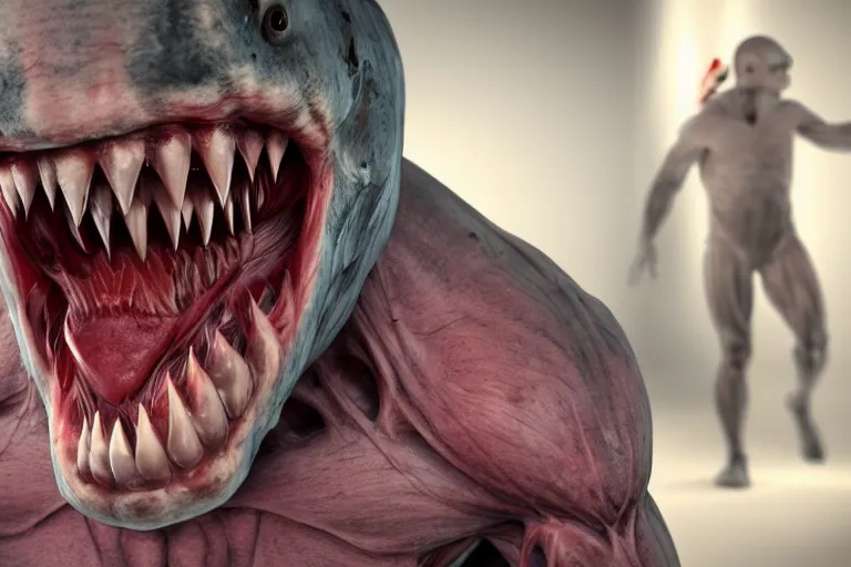 Image similar to A human with shark head made of muscles and flesh, very angry, teeth, ambient light, terror, glows, realistic, photo-realism, hyper realism, picture, detailed, 3D render, scary, distant shot, in the distance,