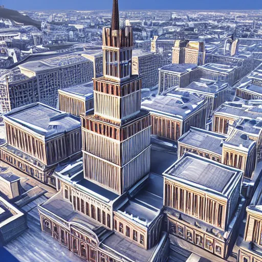 Image similar to moscow state university main building, aerial photography, 4 k, highly detailed photo by katsushika hokusai, musem exposition, unreal engine