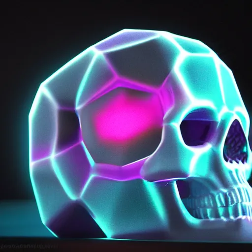 Image similar to octane render of hexagonal crystal skull, fuschia lighting, fuschia glow, dark background, photorealistic, 4 k, cinema 4 d, maya