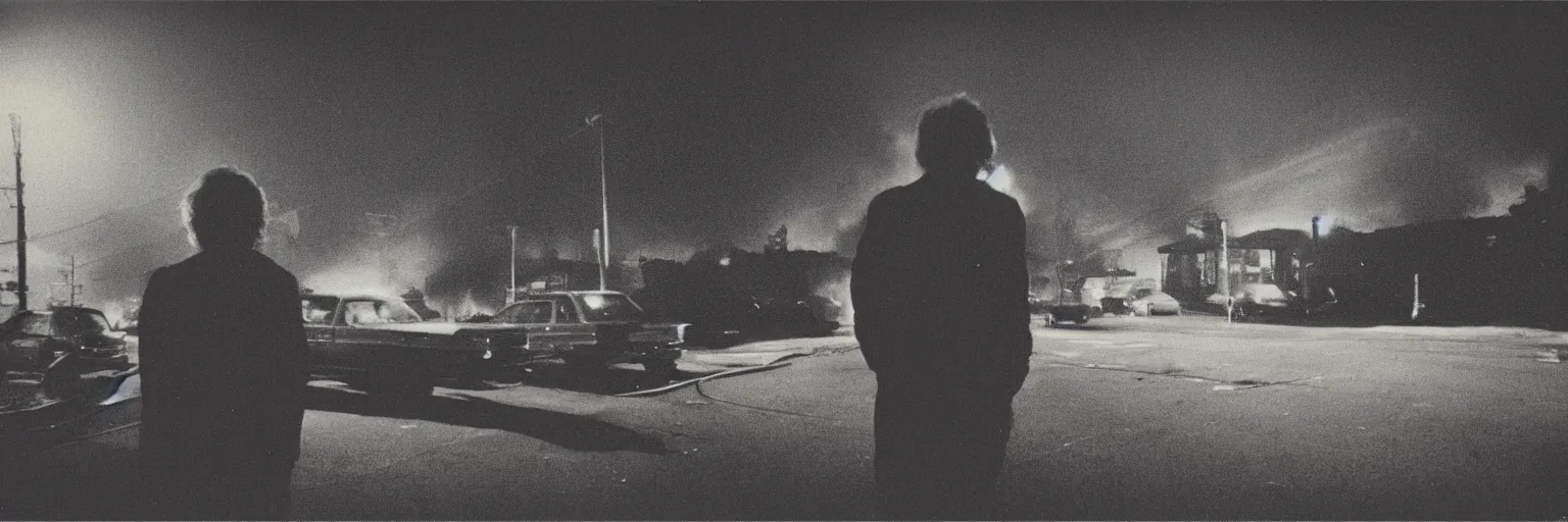 Image similar to 8 0 s polaroid photo, cinema still from david lynch movie, sleazy man watching night streets while a single house burns in the background of suburbia, haze, americana, high production value, 8 k resolution, hyperrealistic, hdr, photorealistic, high definition, high details, tehnicolor, award - winning photography, masterpiece, amazing colors