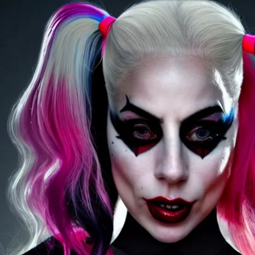 Image similar to Lady Gaga as Harley Quinn hyper realistic 4K quality