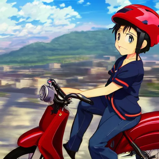 Image similar to close up of a high definition anime girl with red delivery clothes in a bike with armenia quindio in the background , Artwork by Makoto Shinkai, pixiv, 8k, official media, wallpaper, hd