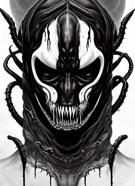 Image similar to a dream portrait of venom as god of the death, black & white, melting, webbing, 8 k, by tristan eaton, stanley artgerm, tom bagshaw, greg rutkowski, carne griffiths, ayami kojima, beksinski, giger, trending on deviantart, face enhance, hyper detailed, minimalist, horror, alien