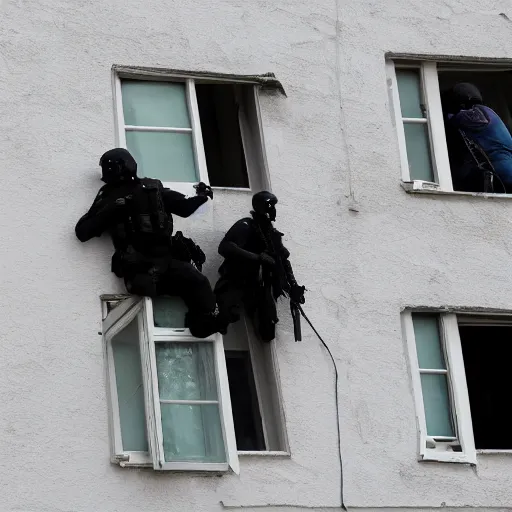 Image similar to Swat Breaching into a house, windows lit up, windows with cocaine pouring out of them,