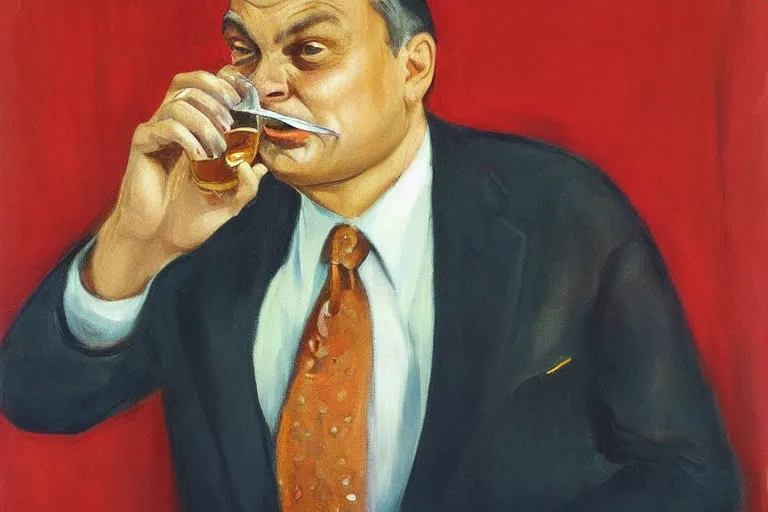 Image similar to viktor orban drinking champagne, smoking cigar, laughing hard, highly detailed face by edward hopper