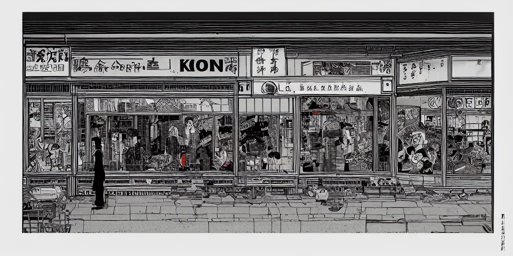 Image similar to a shop window in hong kong, by dan mumford and peter doig and edward hopper, minimal, black ink, thick lines, highly detailed, muted colours, overlaid with chinese adverts, 8 k