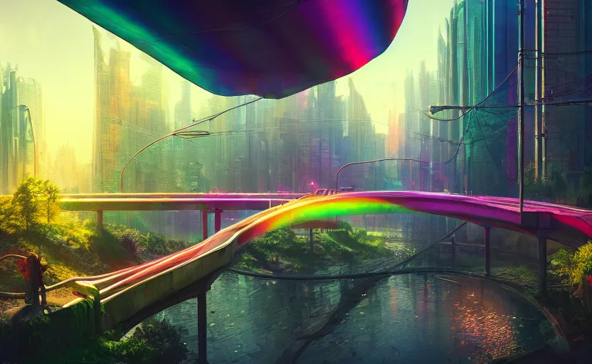 Prompt: incredible, mindblowing beautiful rainbow hardlight bridge, cyberpunk, matte painting, artstation, solarpunk metropolis, cgsociety, dramatic lighting, vibrant greenery, concept art, octane render, arnold 3 d render