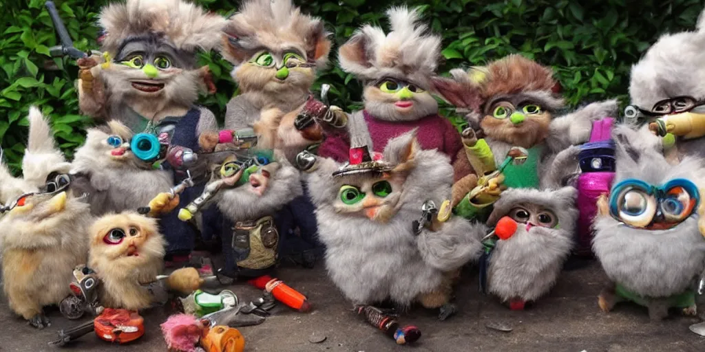 Prompt: an entire cadre of stoner furbies smoking from a variety of pipes, bongs, and implements.