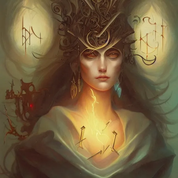 Image similar to a highly detailed beautiful portrait in the style of peter mohrbacher and in the style of jean delville. glowing runes of magical power.