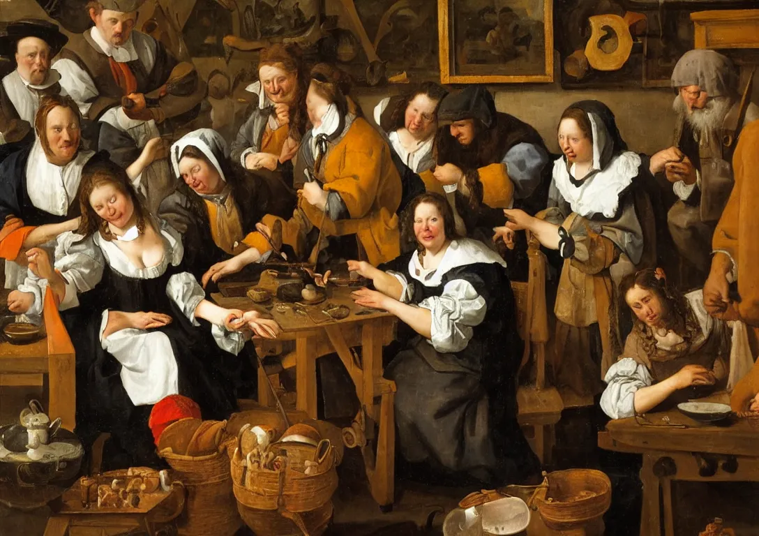 Prompt: Jan Steen. beautiful woman in the center looking at us. low ceiling, small chamber. Hyperrealistic, ultra detailed, 80mm, museum, artwork.
