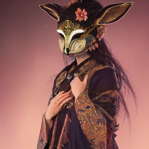 Image similar to a photorealistic dramatic fantasy render of a beautiful woman wearing a beautiful intricately detailed japanese rabbit kitsune mask and clasical japanese kimono by wlop, artgerm, greg rutkowski, alphonse mucha, beautiful dynamic dramatic dark moody lighting, shadows, cinematic atmosphere, artstation, concept design art, octane render, 8 k