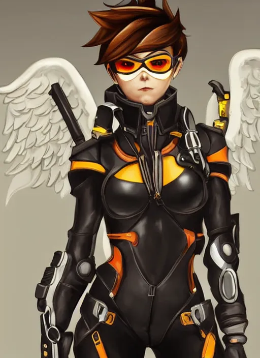 Image similar to full body artwork of tracer overwatch wearing leather collar, angel wings, dramatic painting, symmetrical composition, wearing detailed leather collar, black shiny armor, chains, black harness, detailed face and eyes,