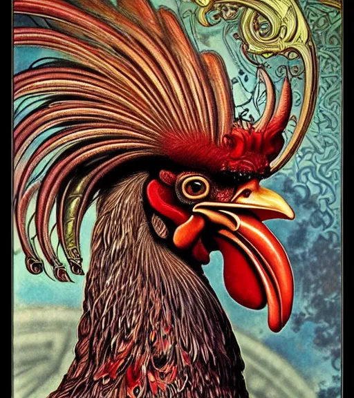 Image similar to hyperrealistic detailed face portrait of a beautiful rooster morphing into a gothic cathedral, authentic ornamental architecture, intricate and highly detailed, awe inspiring art by ernst haeckel, h. r. giger, alphonso mucha, android jones, james jean, gothic, neo - gothic, heavily ornamental, nice deep colours,