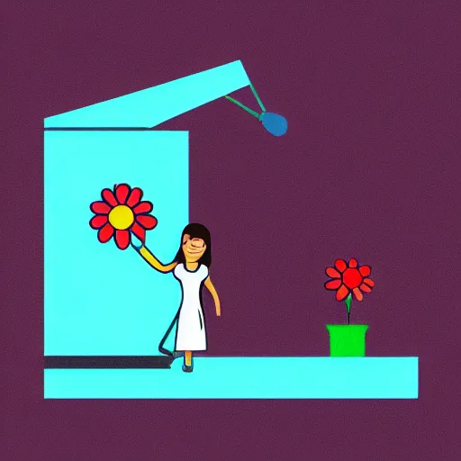 Prompt: a woman holding a watering can on top of a light blue flower, flat design, flat colors, illustration