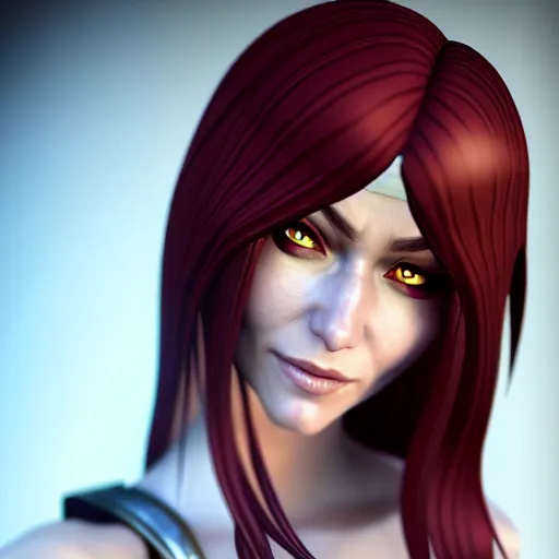 Image similar to Katarina from League of Legends, photorealistic studio portrait, studio lighting, unreal engine 5, hyperrealistic, dynamic lighting, white ambient background, realistic, highly detailed