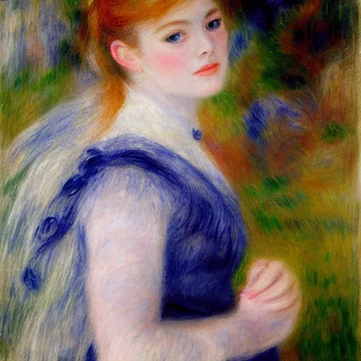 Prompt: A dream-like head and shoulders oil portrait of Elle Fanning, by Renoir. 8K. Extremely detailed.