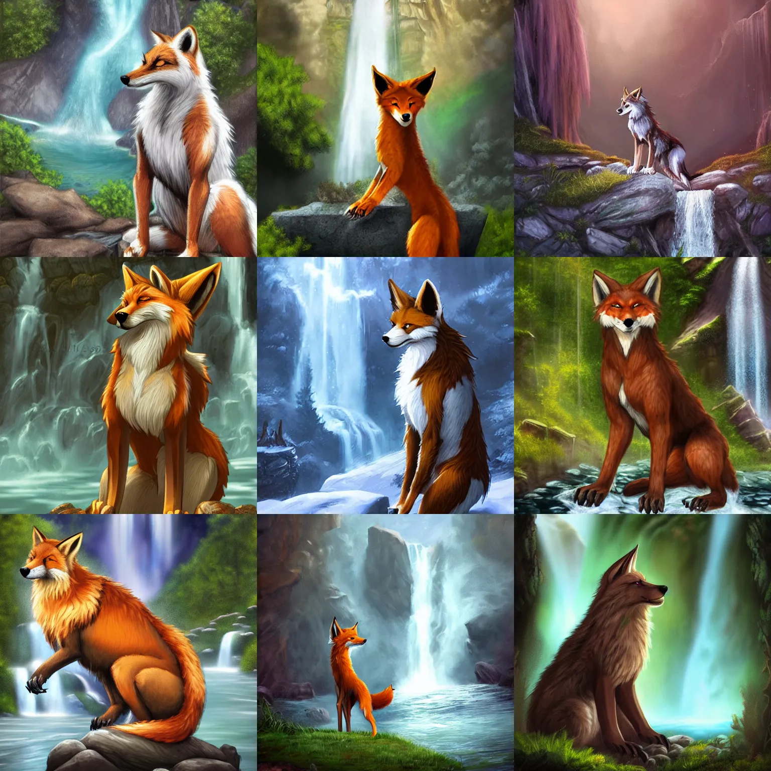 Prompt: fantasy furry art of a noble anthro!!!! werefox standing in front of a waterfall, photorealistic, award winning, FurAffinity