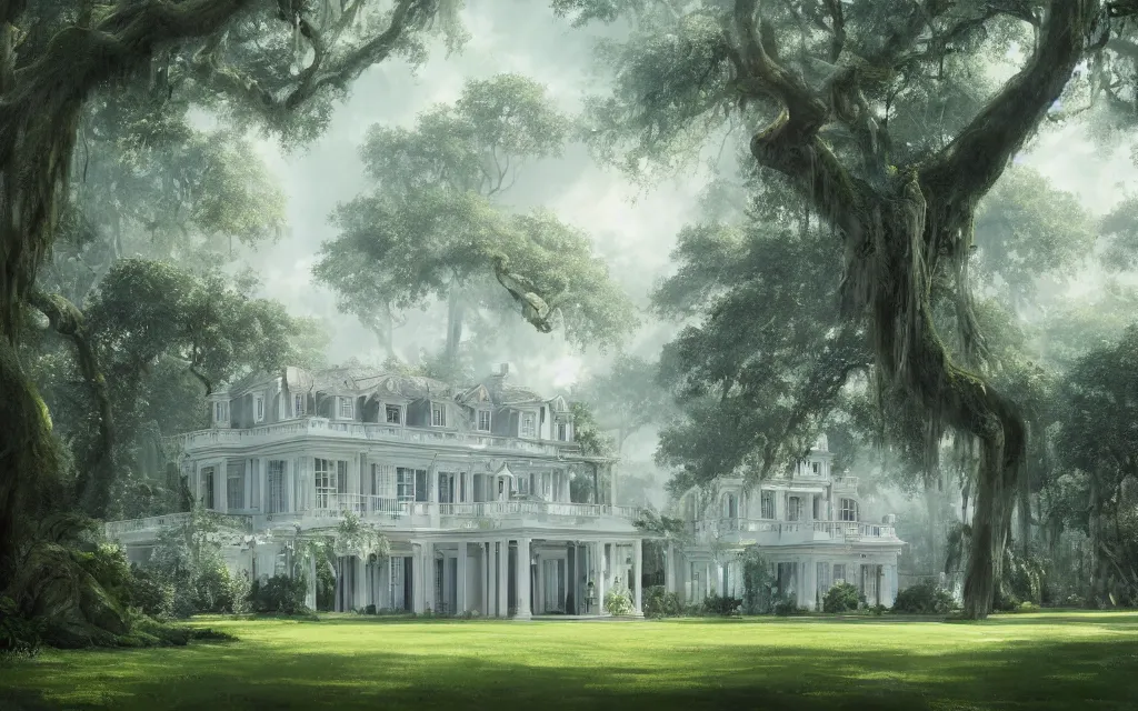 Prompt: a white manor house on a lush southern plantation with a tree-lined driveway, romanticism, hyperdetailed, artstation, cgsociety, 8k, masterpiece, sharp, fine art