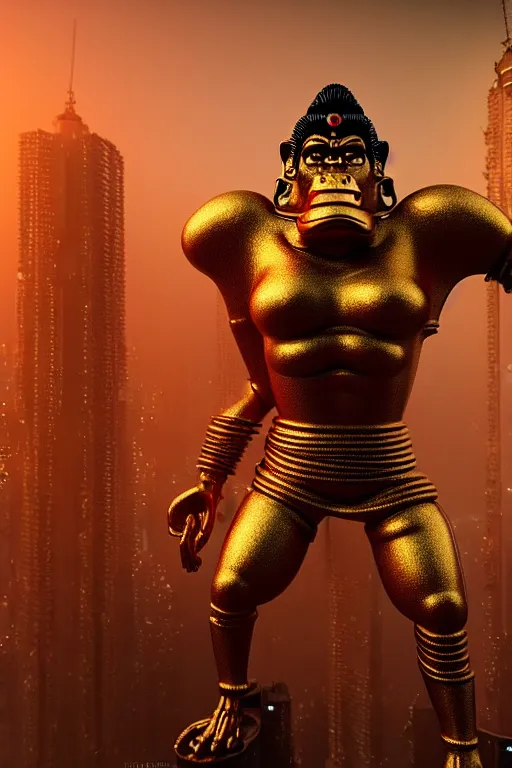 Prompt: high quality 3 d render cyborg gold hanuman! with nose piercings, cyberpunk highly detailed, mumbai in the background, unreal engine cinematic smooth, in the style of blade runner & solaris, hannah yata charlie immer, moody light, low angle, uhd 8 k, sharp focus