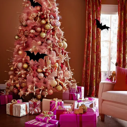 Image similar to homemade pink and gold halloween themed christmas bedroom ideas, high resolution, creative, visually appealling