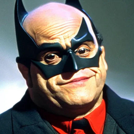 Prompt: Danny Devito as Batman, still image from Batman movie, shot of face