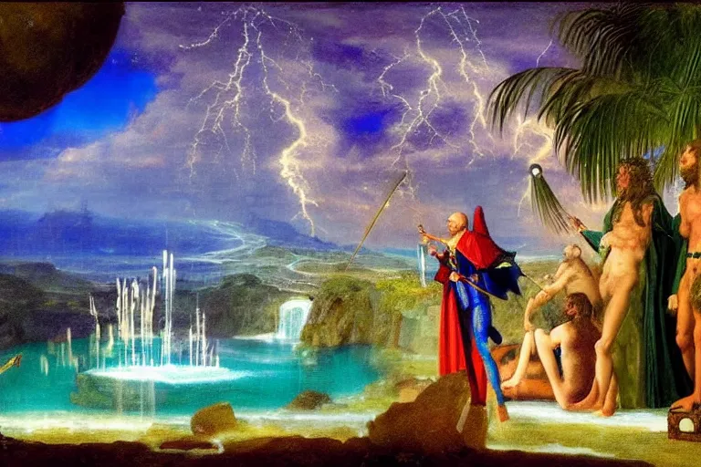 Image similar to Jester knight at the palace of the occult, refracted sparkles, thunderstorm, greek pool, beach and Tropical vegetation on the background major arcana sky and occult symbols, by paul delaroche, hyperrealistic 4k uhd, award-winning, very detailed paradise