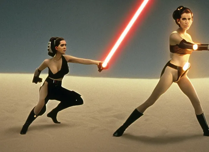 Image similar to glamour portrait of Princess Leia, played by Carrie Fischer, in thin bikini lightsaber training on beach planet, iconic scene from the 1980s film directed by George Lucas, cinematic lighting, hyper real, stunning cinematography, with anamorphic lenses, crisp, detailed portrait, 4k image