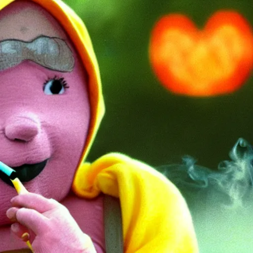 Image similar to a teletubbie smoking a cigarette