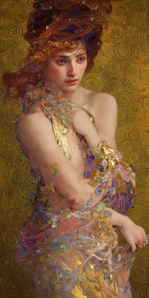 Image similar to an intricate painting of an artistic pose beautiful angel with an artistic pose, hyper - detailed, covered in fancy silk cloth with klimt motives, octane render, vivid colors, artstation, by jeremy mann, by alphonse mucha, by boris vallejo, by gustav klimt