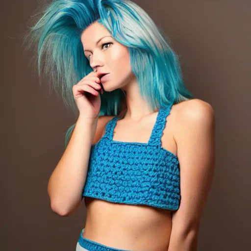 Image similar to A photo of a caucasian female model with blue hair wearing a crocheted croptop.