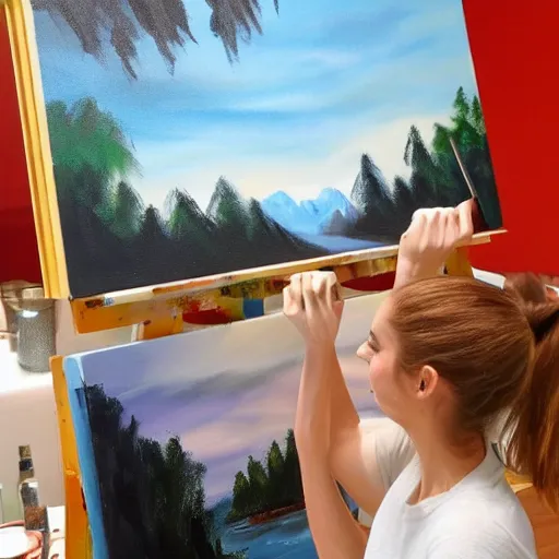 Image similar to emma watson painting bob ross