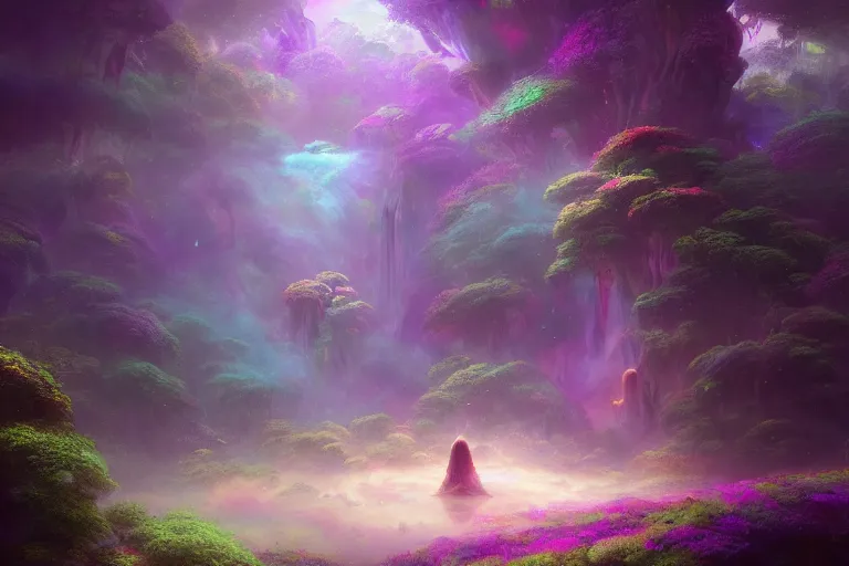 Image similar to a psychedelic realm hidden away in a pocket of ethereal understanding | astral beings sharing love | in the style of greg rutkowski | and wlop | and lisa frank | and bob ross | and ruan jia | illustration | epic | fantasy | hyper detailed | smooth | unreal engine | sharp focus | ray tracing