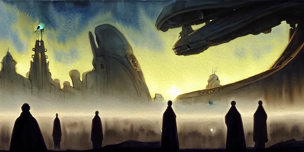 Prompt: a hyperrealist watercolor concept art of a giant alien ship from independence day on the horizon of a futuristic city in arizona. a medieval monk in grey robes is in the foreground. golden hour. very muted colors, by rebecca guay, michael kaluta, charles vess. high detail, hq, wide shot, 4 k
