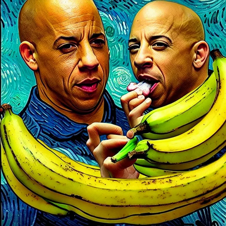 Prompt: vin diesel licking a banana in the style of van gogh