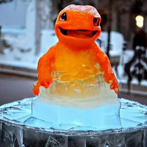 Image similar to ice sculpture of charmander made of ice, photography