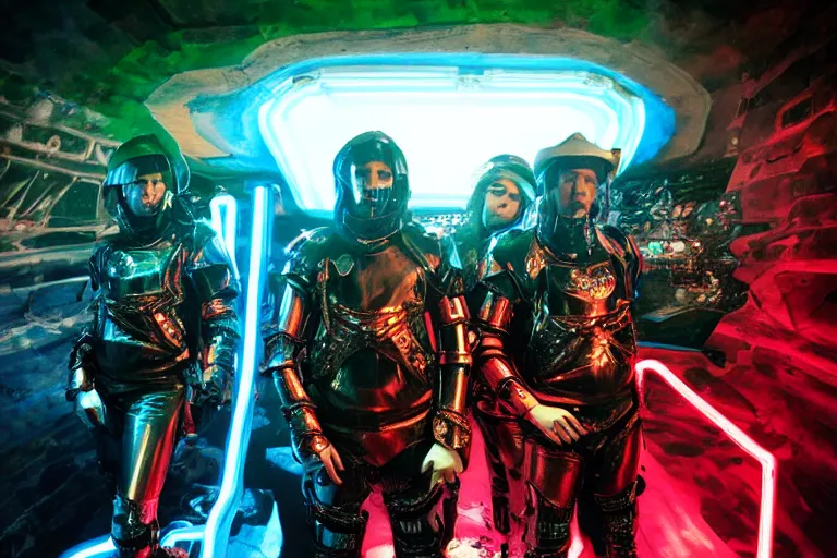 Prompt: knights of Cydonia in futuristic armor ride in neon light in corroded graffit style,
