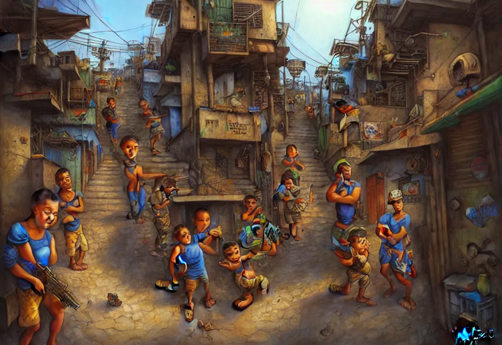 Image similar to photorealistic favela rio with guns and kids in by Justin Gerard