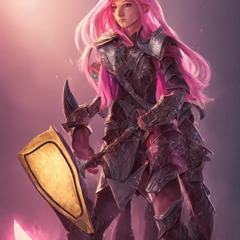 Image similar to beautiful well built pink short haired half elf woman healer wearing cleric armor and holding a shield, dungeons and dragons, character portrait, character design, full rendered illustration, 4 k, 8 k, hyper detailed, back lighting, cinematic lighting, intrinsic detail