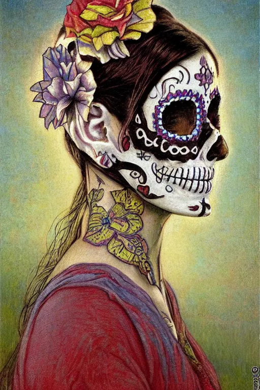 Image similar to Illustration of a sugar skull day of the dead girl, art by L Birge Harrison