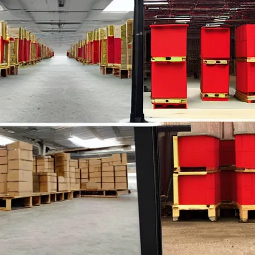 Image similar to two frames of equal size, the first is a picture of a warehouse full of boxes, the second is an identical picture to the first except the boxes are red