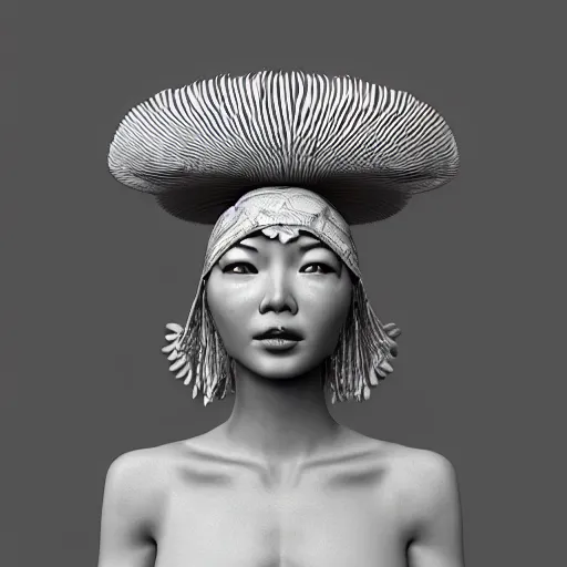 Image similar to mushroom goddess with extremely elegant headdress with group of elders in a ceremony for plant medicine, beautiful, hiroya oku, yoshitaka amano, alex grey, black and white, beautiful lighting, cinematic still, perfect render, 3 d render, unreal engine, 8 k