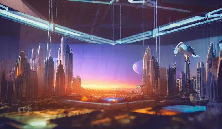 Image similar to crowd of people in large open museum, looking at hologram of futuristic city on a table, cinematic concept art, godrays, golden hour, natural sunlight, 4 k, clear details, tabletop model buildings, center model buildings, hologram center, crane shot, crane shot, crane shot