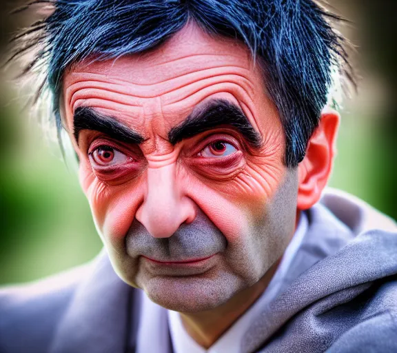 Prompt: award winning 5 5 mm close up portrait photo of mr bean as songoku, in a park by luis royo. soft light. sony a 7 r iv