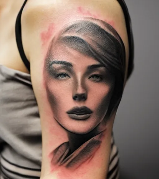 Image similar to tattoo design sketch of the most beautiful woman portrait faded with a background of beautiful mountains on her side, hyper - realistic, double exposure effect, in the style of den yakovlev, amazing detail, black and white, faded